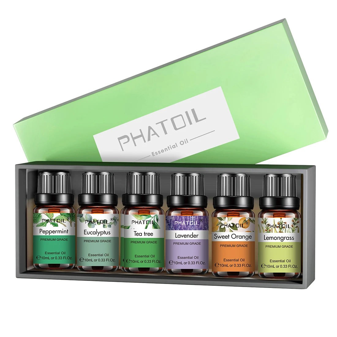 Green box of essential oils, showing 10ml bottles of premium grade oils, from peppermint on the left to lemongrass on the right.