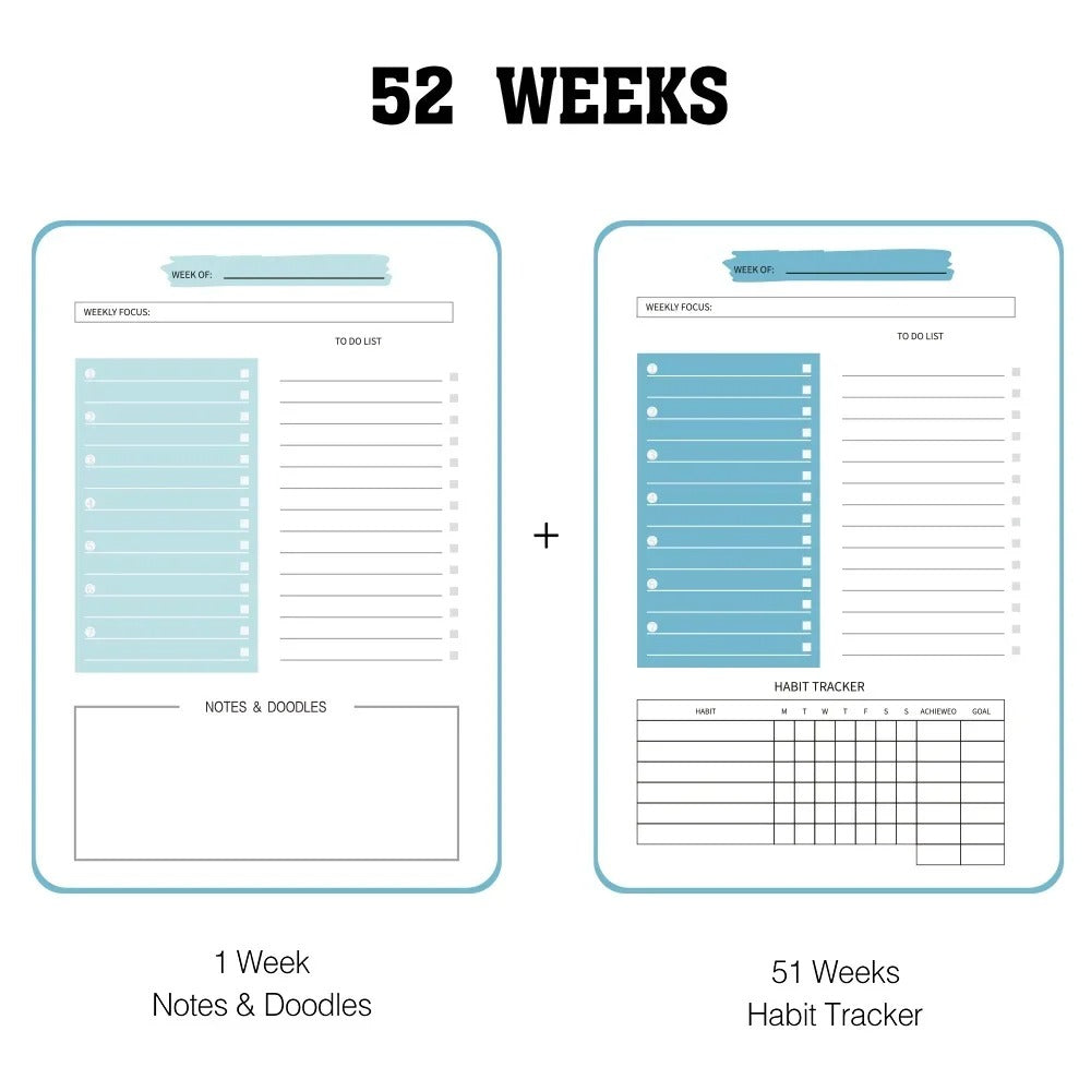 52 weeks written in bold, below is the open planner showcasing areas to write notes and plan a week ahead.